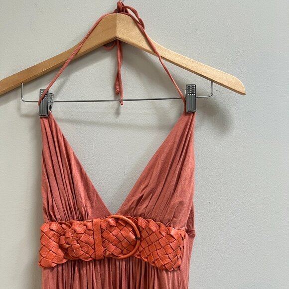 Sky Maxi Dress‎ Leather Belt Plunge V Neck Pleated Coral Melon Halter NEW Small - Picture 3 of 6